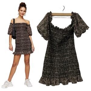 Topshop Leopard Print Off The Shoulder Minidress In True Leopard - US 8